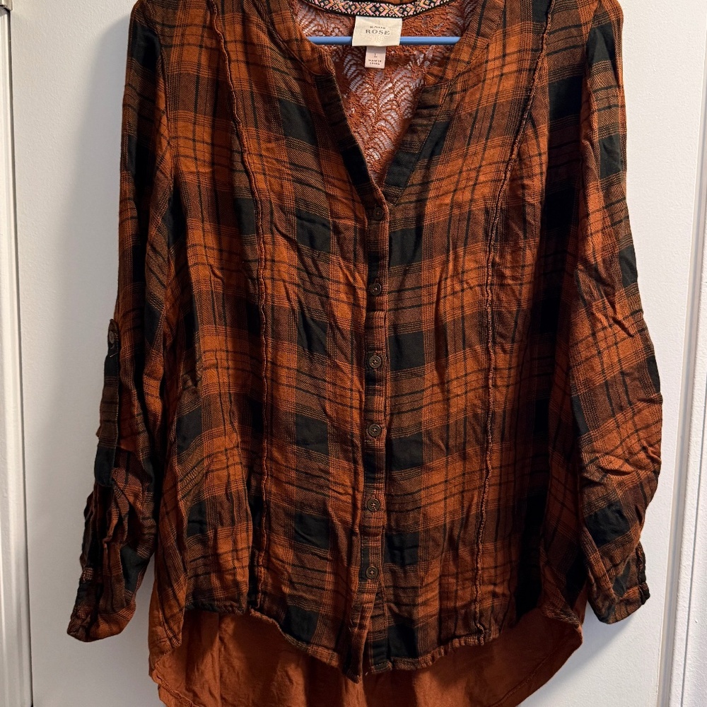 Knox Rose Women's Orange Plaid Button-Up Boho Shirt, Large